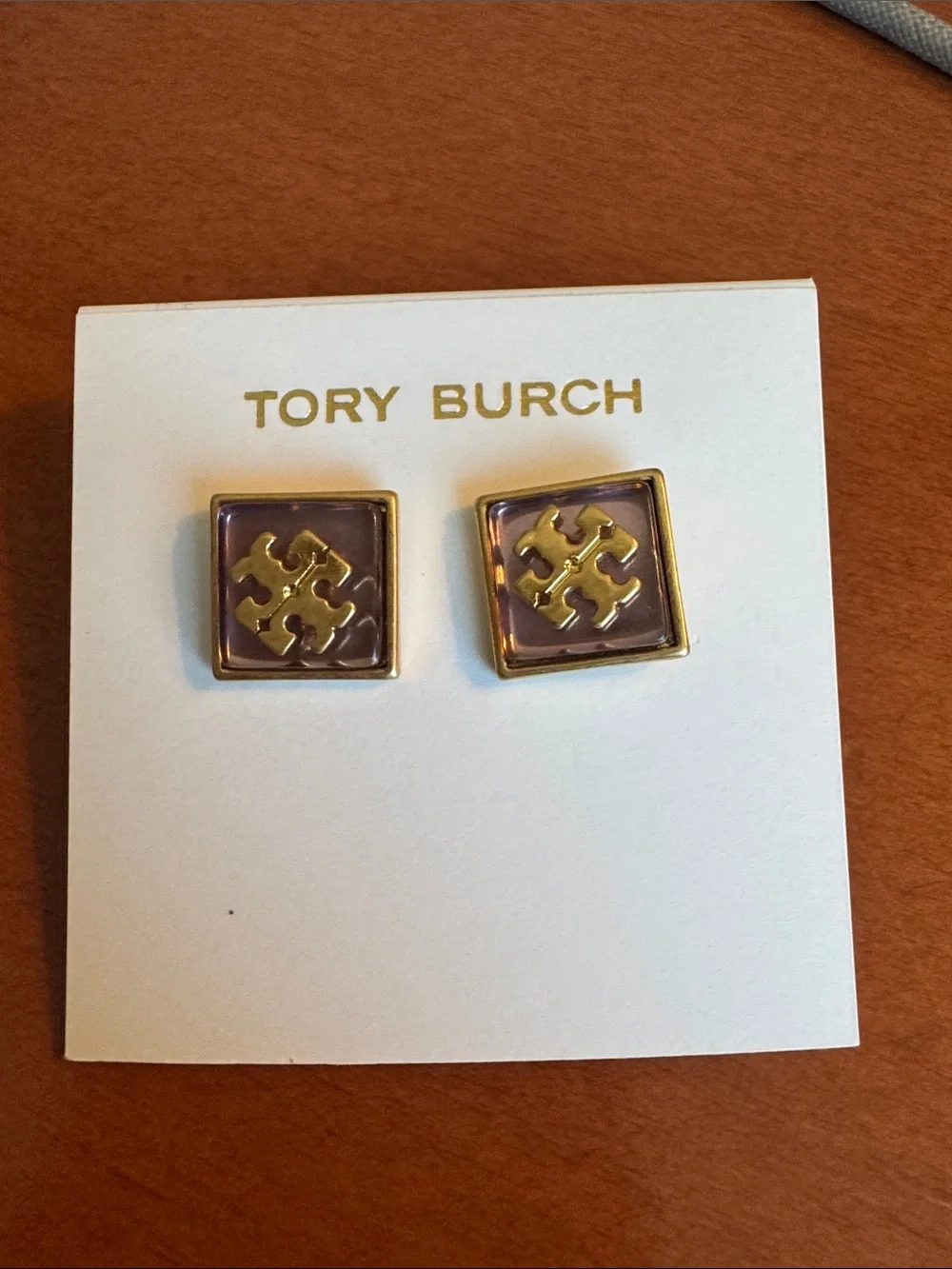 TORY BURCH Resin Purple Gold Logo Stud Earrings NEW $129